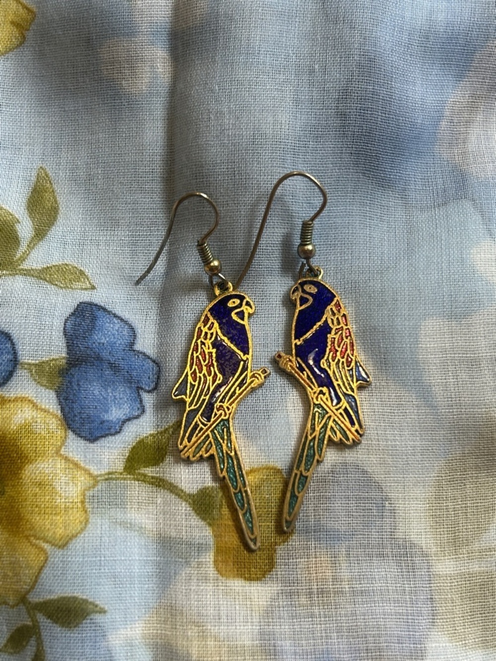Vintage Gold Tone Parrot Bird Drop Earrings with Blue and Teal Enamel